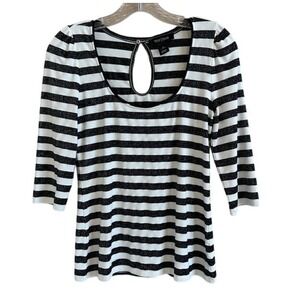 White House Black Market Women's White Black Striped Knit Top‎ Keyhole Back SM